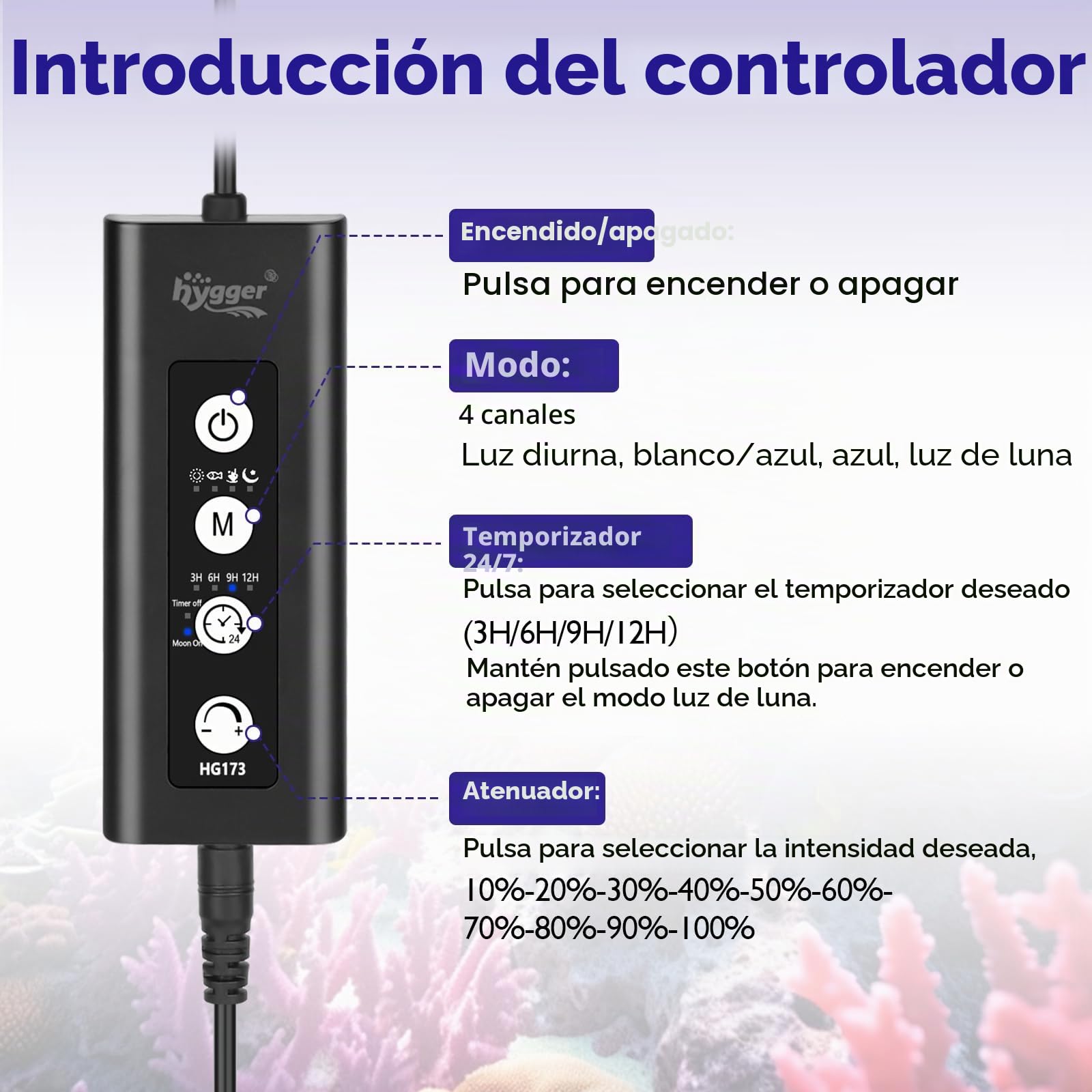 hygger Luces para acuarios Marino Coral Iluminación Modo 24/7, 19W Luz Led Iluminación Acuario de Peces de Brillo con Controlador para 30-50 cm Marine Tank