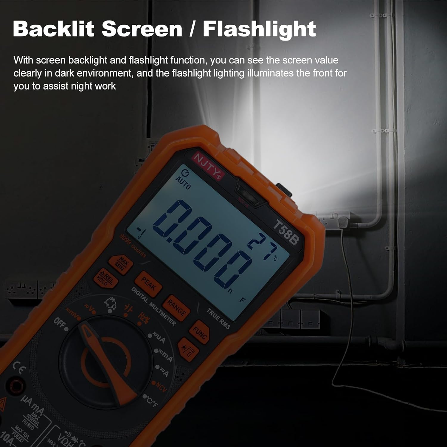 Irfora T58B Digital Multimeter with backlit screen and flashlight