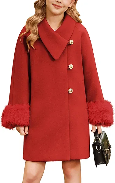 GRACE KARIN Girls Winter Dress Coats Little Girl Faux Fur Trench Jacket Kids Long Lined Warm Outerwear Size 10, Red