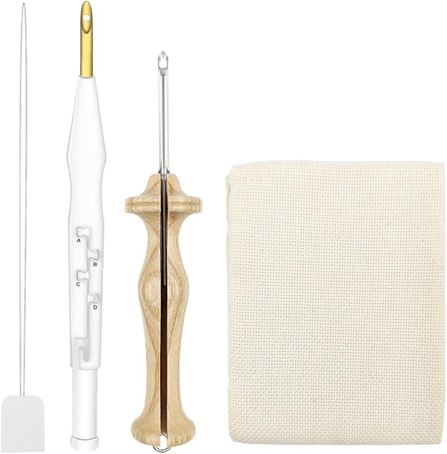 Wool Queen Punch Needle Kit Regular Adjustable Rug Yarn Punch Needle, 8# Fine Wooden Handle Rug Making Tool,26.4 x 19.3 Inch Monk's Cloth, Needle Threader