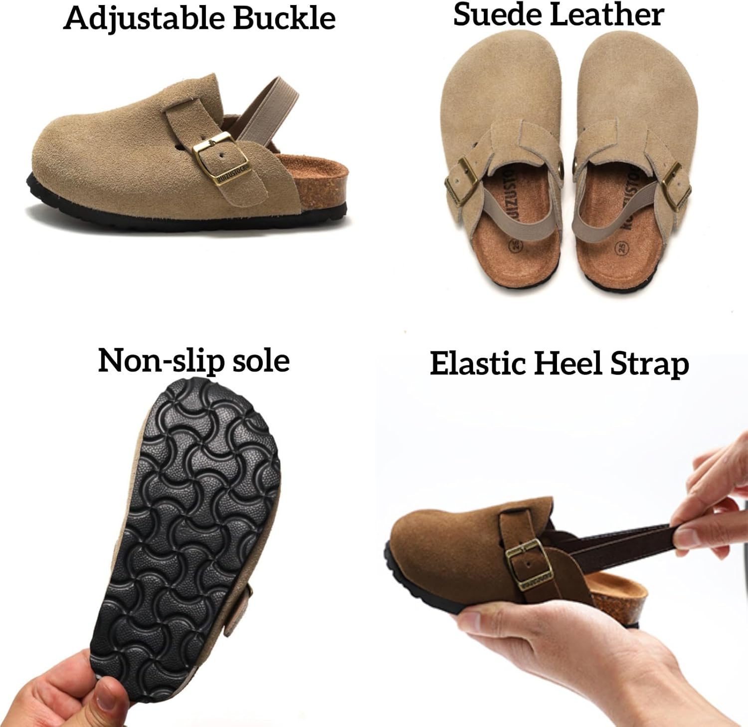 Boys Girls Suede Clogs Kids Toddler Clogs with Arch Support Adjustable Buckle Mules Cork Footbed Sandals Slip On Comfort Potato Shoes for Outdoor Indoor Apricot