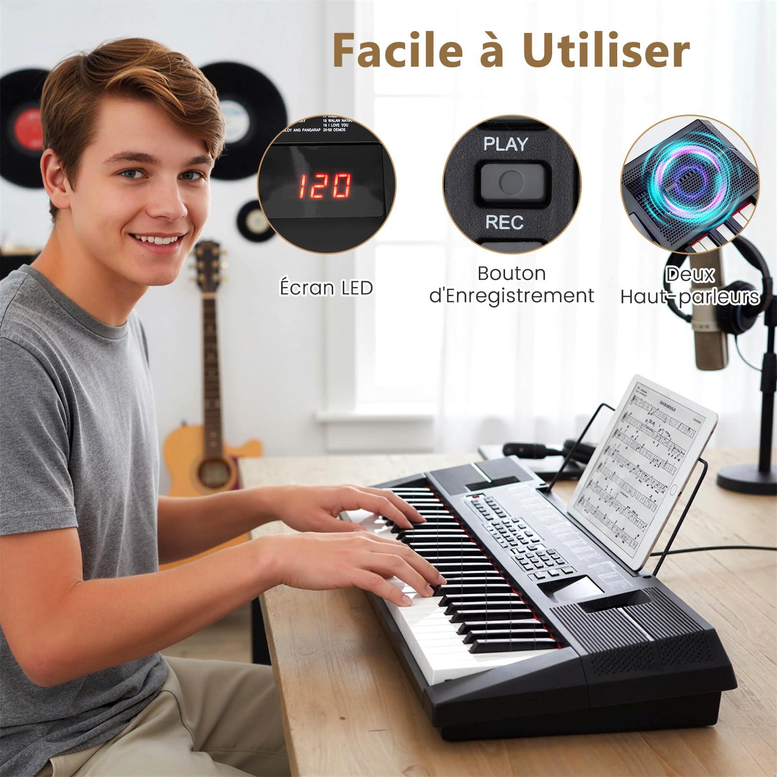 COSTWAY Piano Numérique 54 Touches avec Pupitre & Écran LED, Clavier Piano Électrique avec 200 Rythmes & 200 Timbres, Enregistrement & Haut-parleurs, USB & Prises Casque pour Débutants