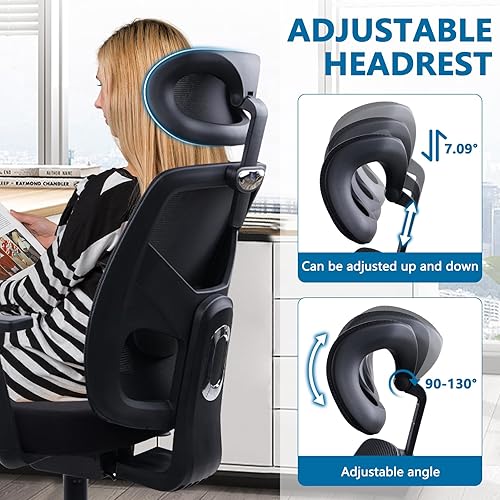 Miniatura 7 de CLATINA Silla de oficina ergonómica de malla con respaldo alto y soporte lumbar ajustable, reposacabezas 3D, reposabrazos de elevación, sillas