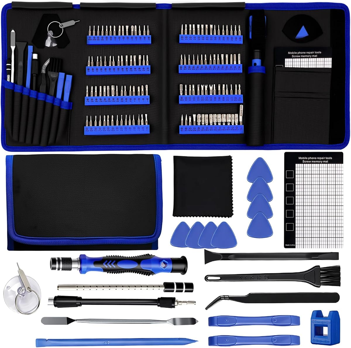 Juego de destornilladores de precisión de 142 piezas para electrónica: kit de herramientas de reparación de puntas múltiples para iPhone, MacBook, computadora portátil, tableta, PS4, Xbox, Nintendo | Tapete magnético, pinzas ESD, ventosa y spudger | Viene con bolsa de herramientas de reparación