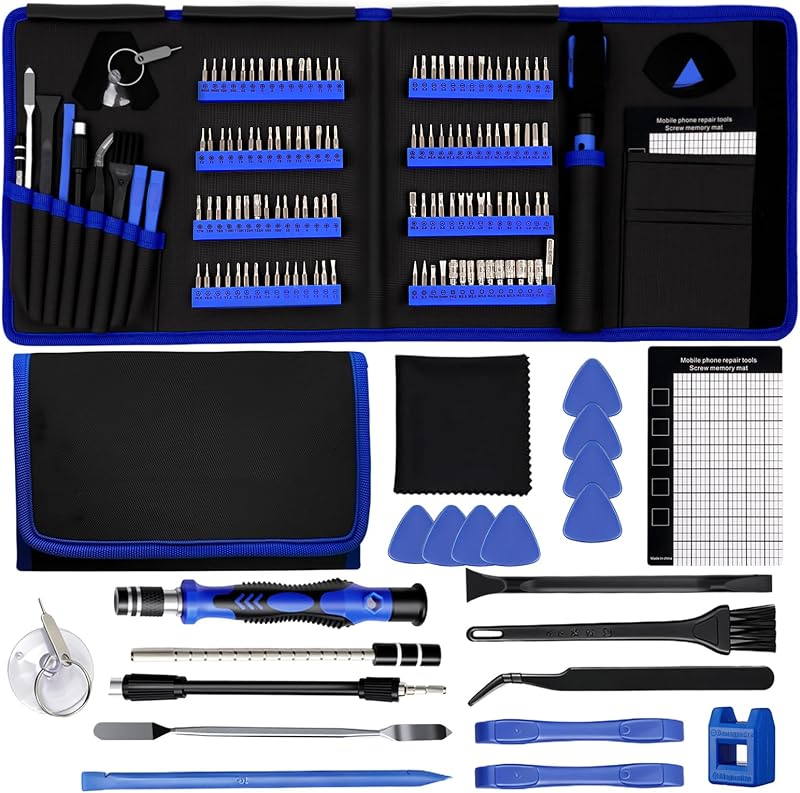 Juego de destornilladores de precisión de 142 piezas para electrónica: kit de herramientas de reparación de puntas múltiples para iPhone, MacBook, computadora portátil, tableta, PS4, Xbox, Nintendo | Tapete magnético, pinzas ESD, ventosa y spudger | Viene con bolsa de herramientas de reparación