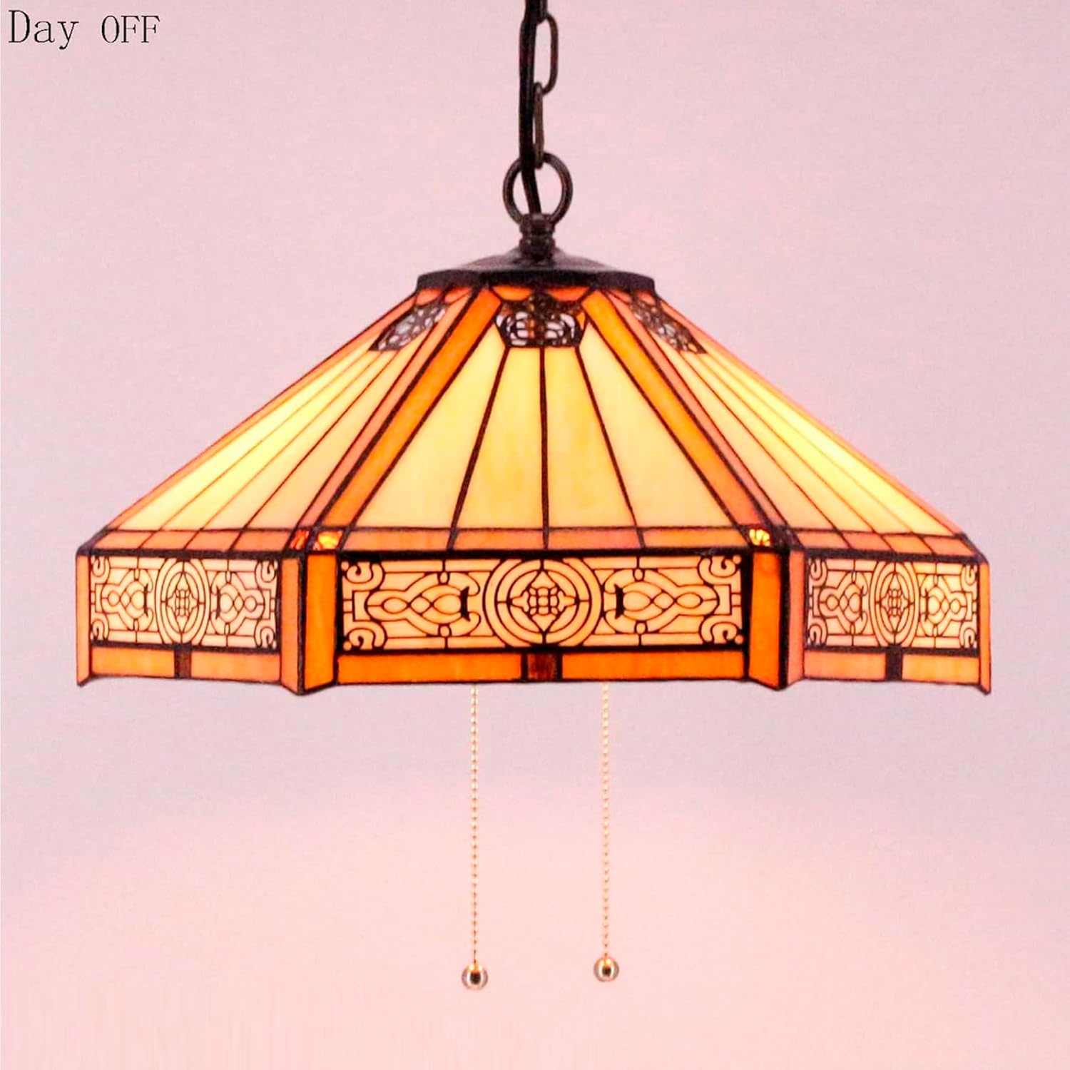 WERFACTORY Tiffany Pendant Light Fixture Yellow Hexagon Stained Glass Mission Hanging Lamp Wide 16 Inch, Height 40 Inch S011 Series