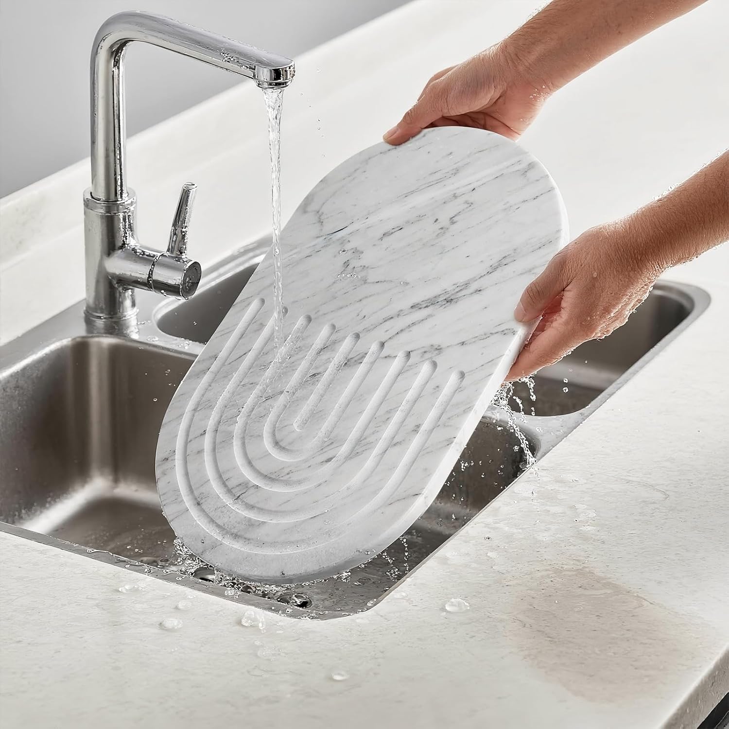 16.5"x9.8" Dual-Sided White Marble Cutting Board for Kitchen - Oval Stone Chopping Board with Anti-Slip Silicone Feet