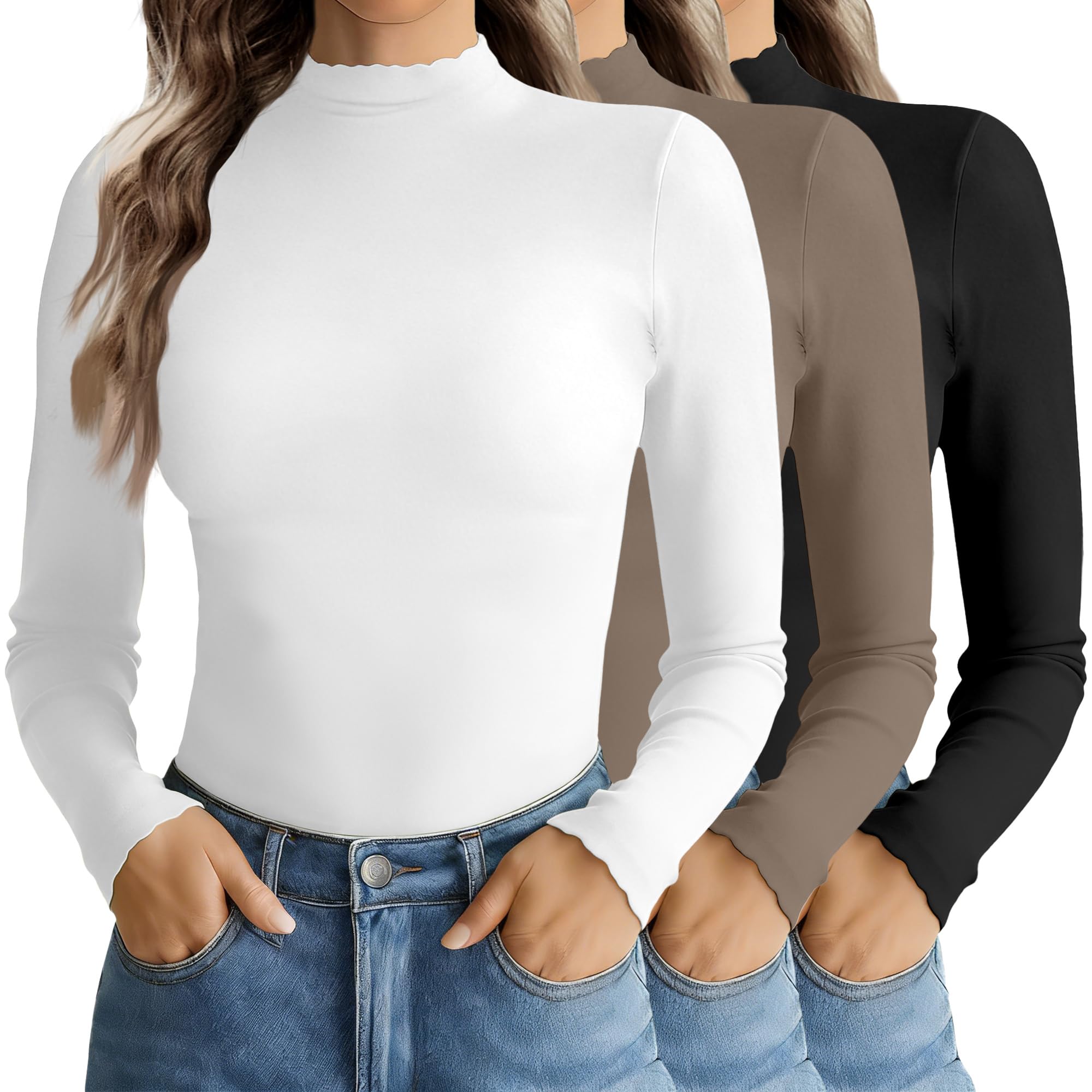 Mock Neck Tops for Women Turtleneck 3 Pack Thermal Long Sleeve Women Womens Undershirts Casual Turtle Neck Undershirt-image-24