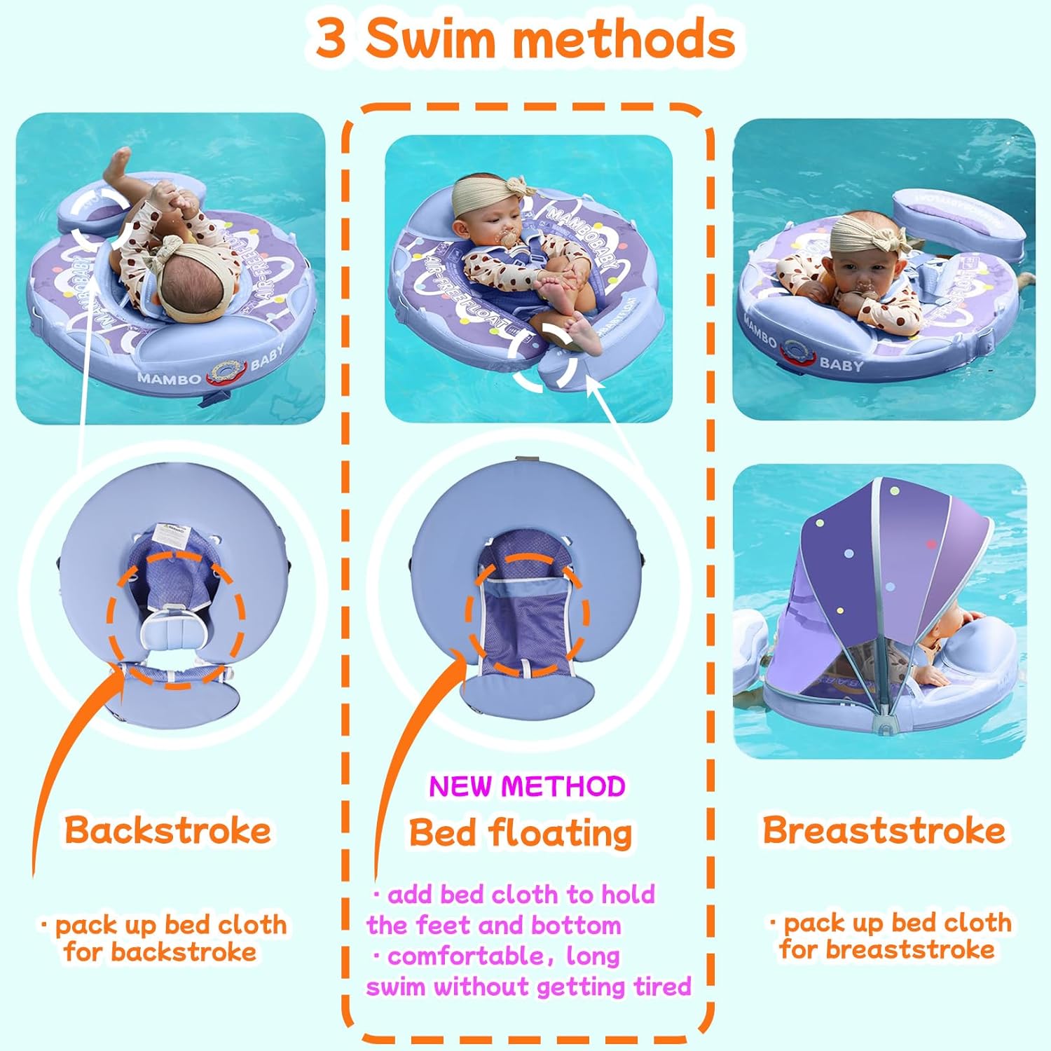 Mambobaby Float with Canopy and Tail New Upgraded Non-Inflatable Baby Pool Float Mambo Float Swim Trainer Solid Infant Swim Float Adjustable Pearl Foam Baby Swim Ring