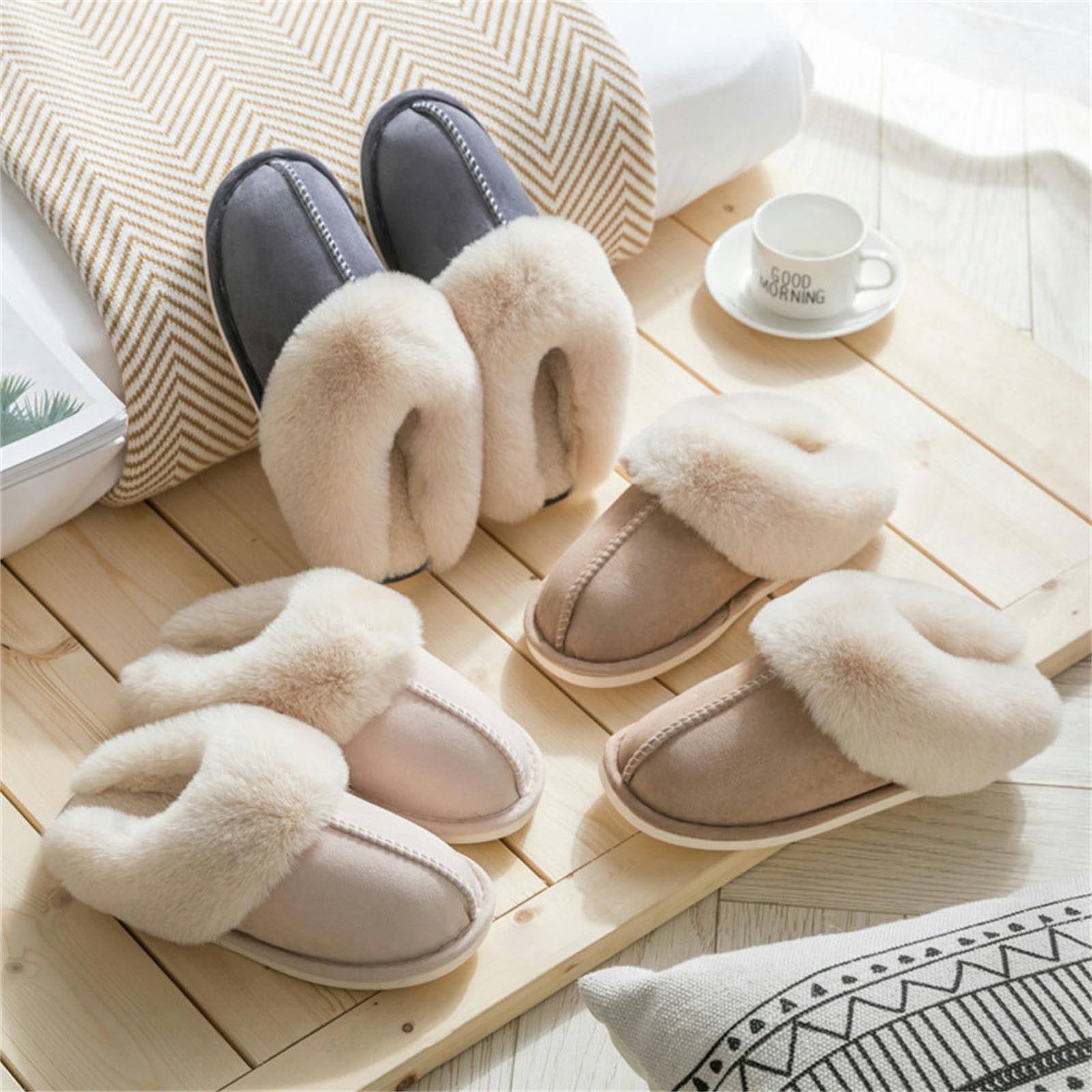 Ciabatte Donna Invernali Pantofole in Cotone Scamosciato Pantofole Calde per La Casa in Cotone Ispessito-rice-38-39