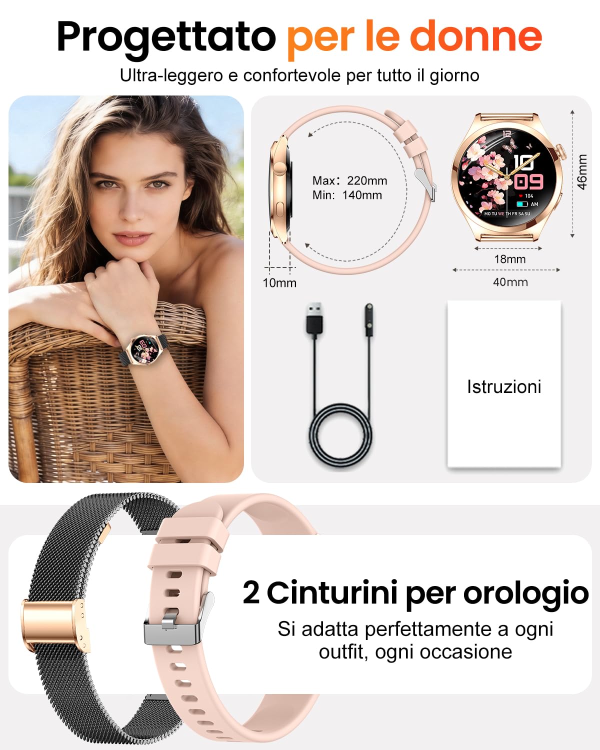 Smartwatch Donna Rotondo con Chiamate, Display Curvo HD da 1,27", Monitor Frequenza Cardiaca SpO2 Sonno, 120+ Modalità Sport, Impermeabile IP68, Smart Watch Donna per Android iOS (Nero oro)