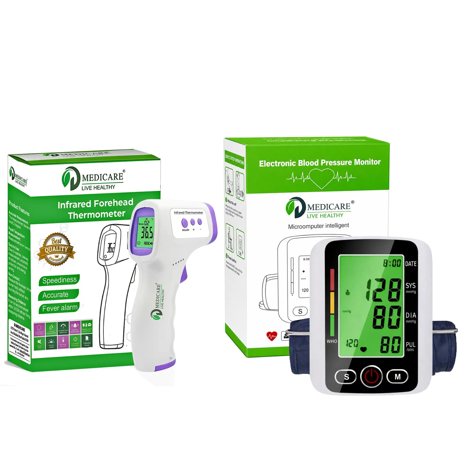 automatic bp monitor & infrared thermometer combo | digital blood pressure machine | non contact forehead thermometer | home health monitoring kit (comb-04)