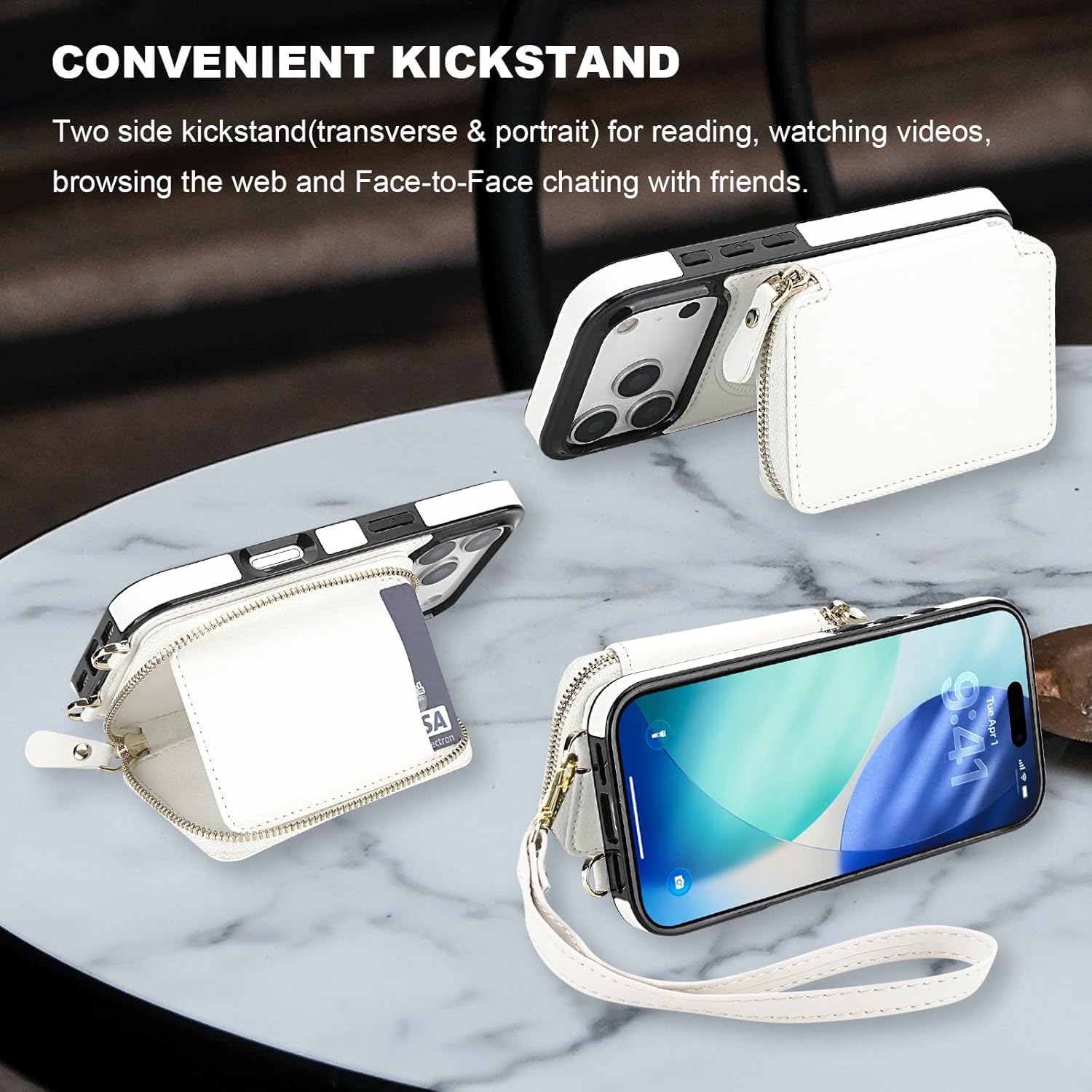 Bocasal for MagSafe Crossbody Wallet Case Compatible with iPhone 17 Pro, RFID Blocking Protective Purse Case with Card Slots Holder Kickstand Wrist Strap Lanyard Zipper 6.3 Inch 5G (White)