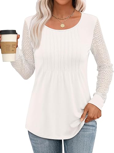 ANRABESS Long Sleeve Shirts for Women Pleated Crewneck T-Shirt Business Dressy Casual Blouses Lace Work Tops 2025 Trendy