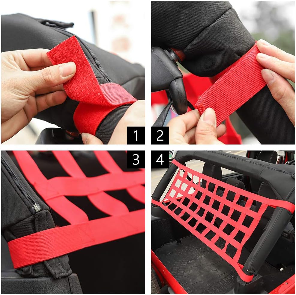 JeCar Mesh Roof Cargo Net Roof Hammock Exterior Accessories Compatible with Jeep Wrangler 1987-2023 YJ TJ LJ JK JKU JL JLU JT, Red
