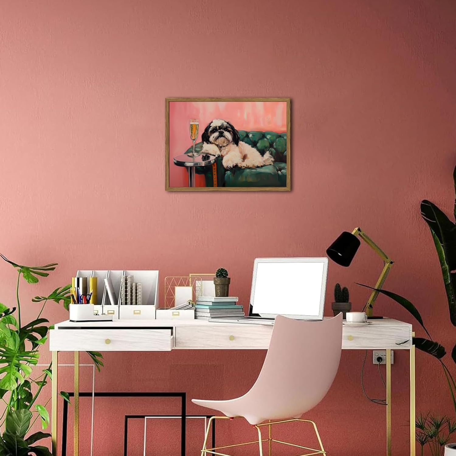 Funny Dog Wall Art, Cute Animal On Couch Bar Cart Pictures Wall Decor Paintings, Eclectic Dog with Cocktail Canvas Prints, for Living Room Dining Room Bedroom 16x24 inch Wood Framed