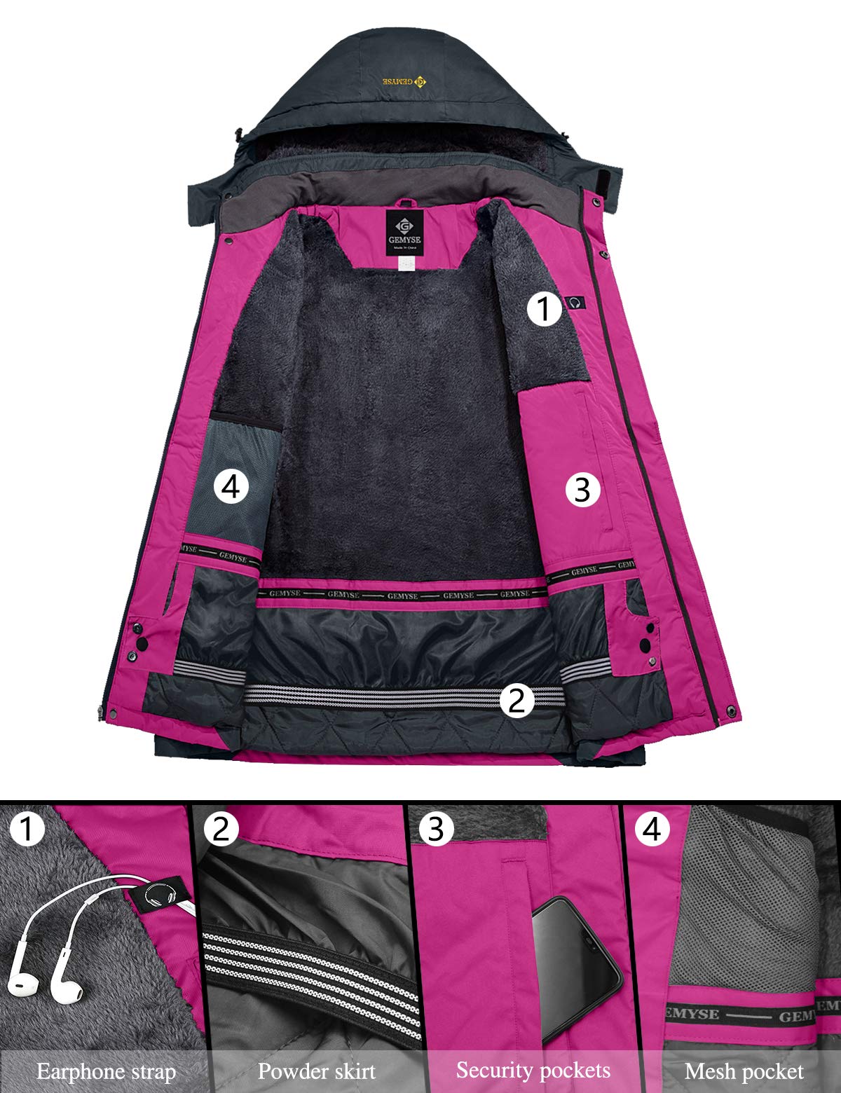 GEMYSE Donna Giacca da Sci impermeabile montagna Giacche Pile invernale antivento Cappotto con Cappuccio