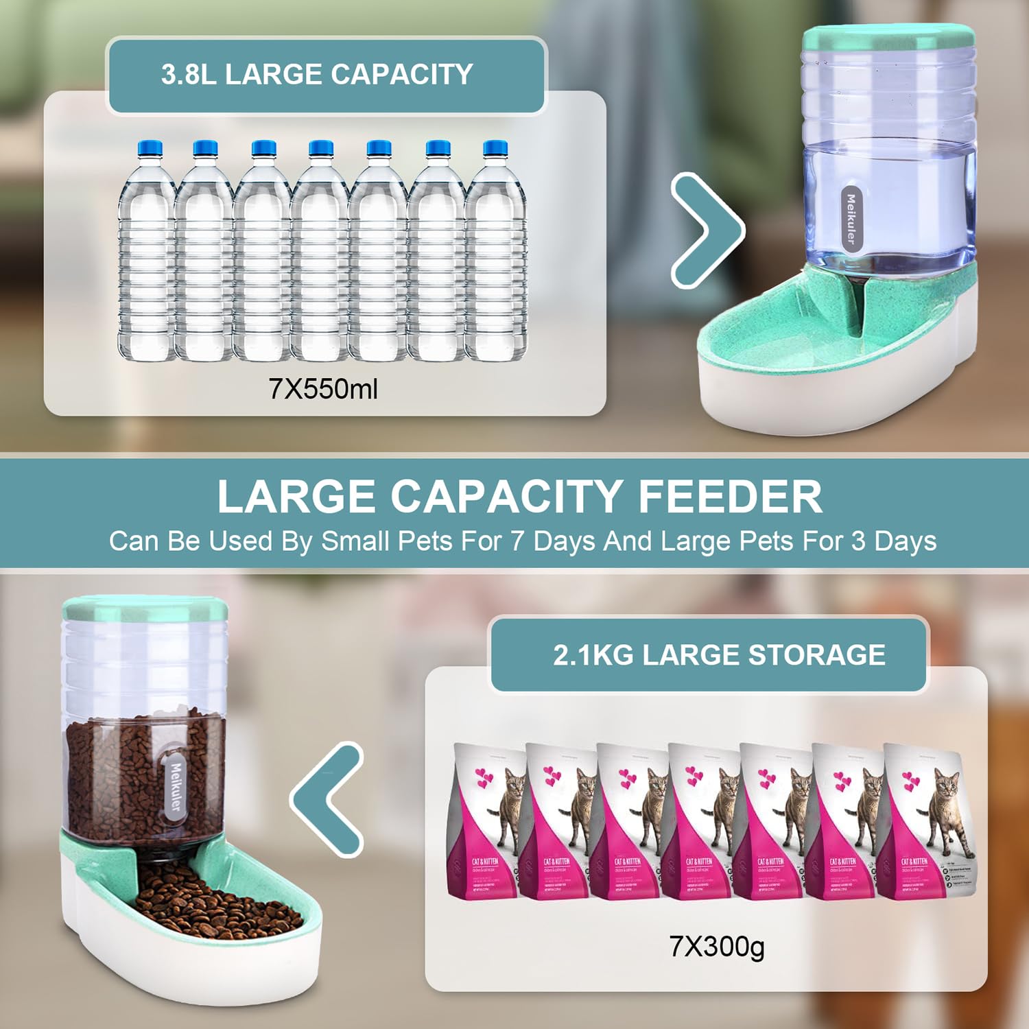 Distributore automatico di cibo 3,8 l, distributore di acqua da 3,8 l, mangiatoia per cani, gatti, animali domestici (verde)