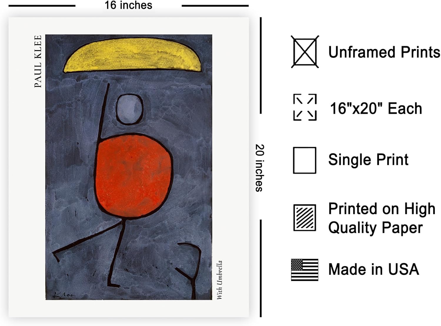 Poster Master Vintage Paul Klee Poster - Retro With an Umbrella Print - Abstract Art - Surrealism Art - Gift for Men & Women - Decor for Office, Dorm, Living Room or Bedroom - 16x20 UNFRAMED Wall Art