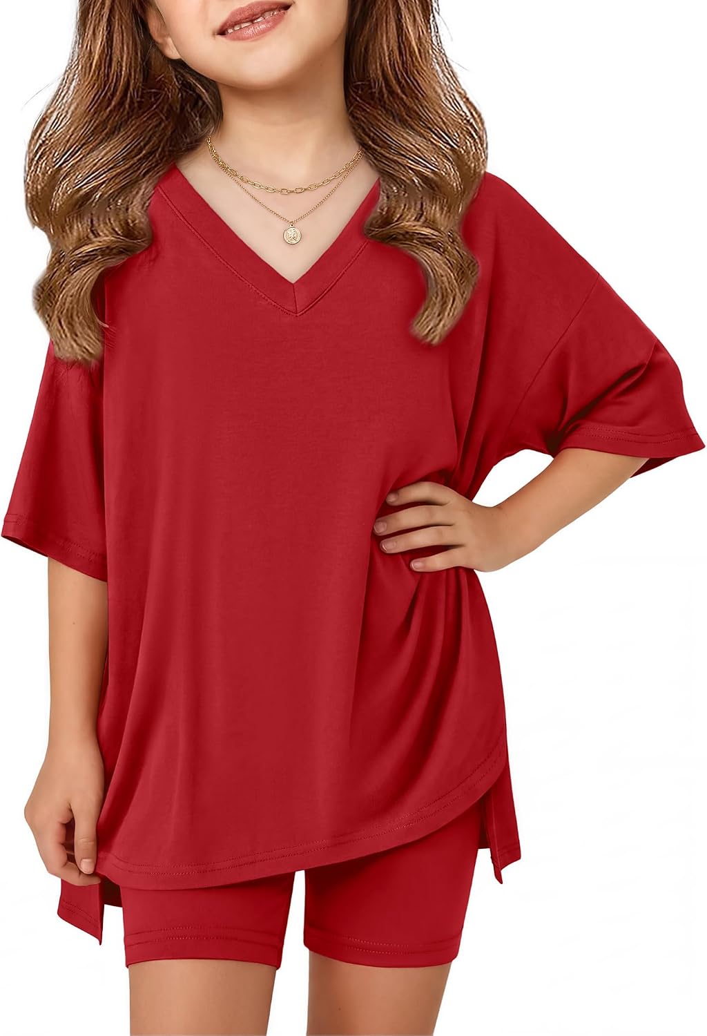 Arshiner Girls Summer Outfits 2 Piece Sets Oversized V Neck Side Split Shirts and Biker Shorts Athletic Sets Workout Outfits