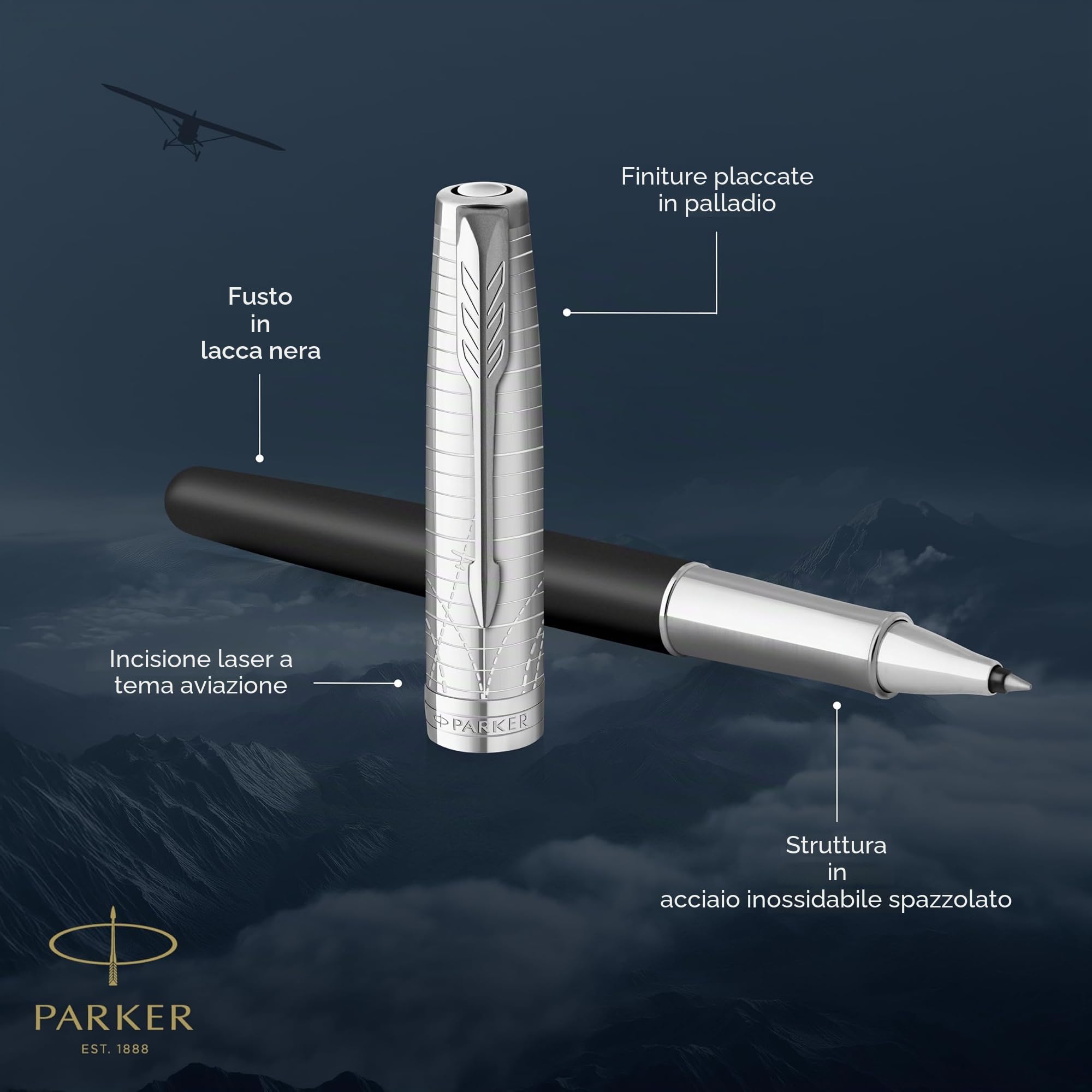 Parker Sonnet Penna Rollerball | Collezione Legacy of Flight | Rifiniture Cromate | Punta Fine | Inchiostro Nero | Confezione Regalo