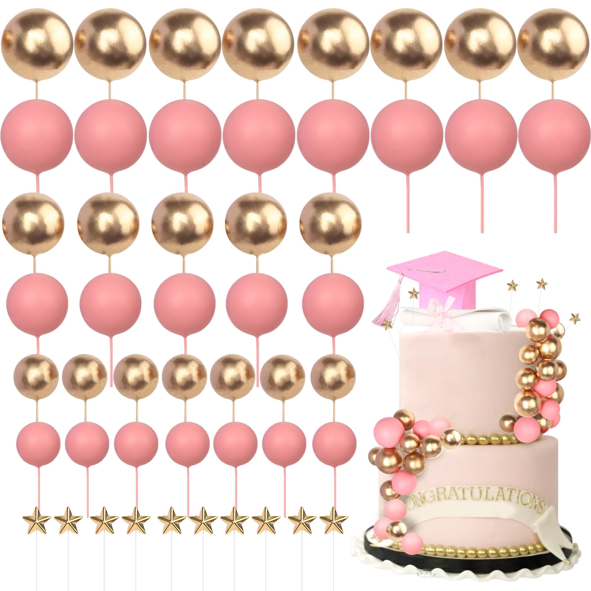 Xsstarmi Grad Cap Cake Topper Decor Star Balls Congrats Grad Diploma Done Cake Pick Class of 2026 Graduation Party Cake Decorations for Prom 2026 Graduation Party Cake Supplies Pink