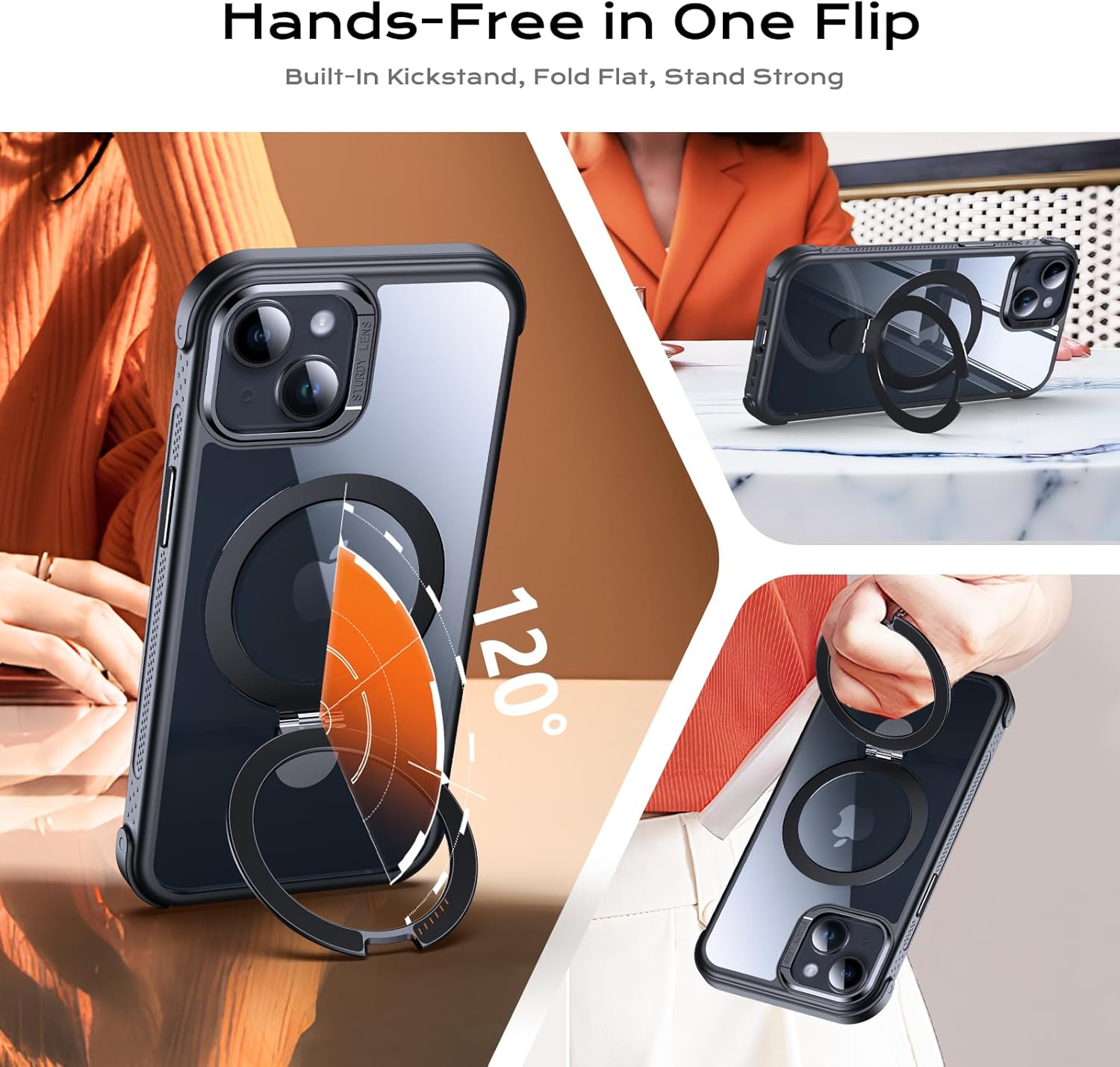 Anqrp O-Ring Magnetic Kickstand Clear Case for iPhone 14/13, Compatible with Mag-Safe, Military-Grade Reinforced 4-Corners Anti-Yellowing Transparent Phone Case Cover for iPhone 13/14, Black - Image 2