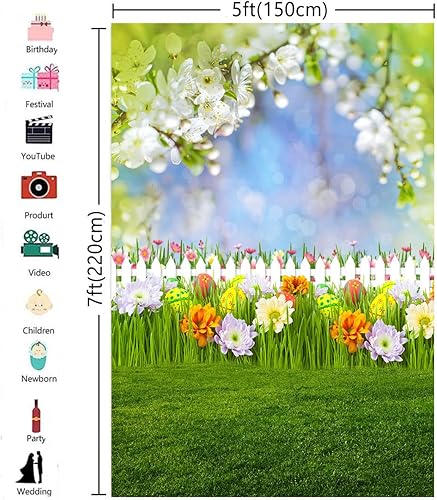 Miniatura 3 de Fondo de fotografía de primavera de 5 x 7 pies, fondo de Pascua, tela duradera, telón de fondo de Pascua, huevos de primavera, cielo, flores, hierba