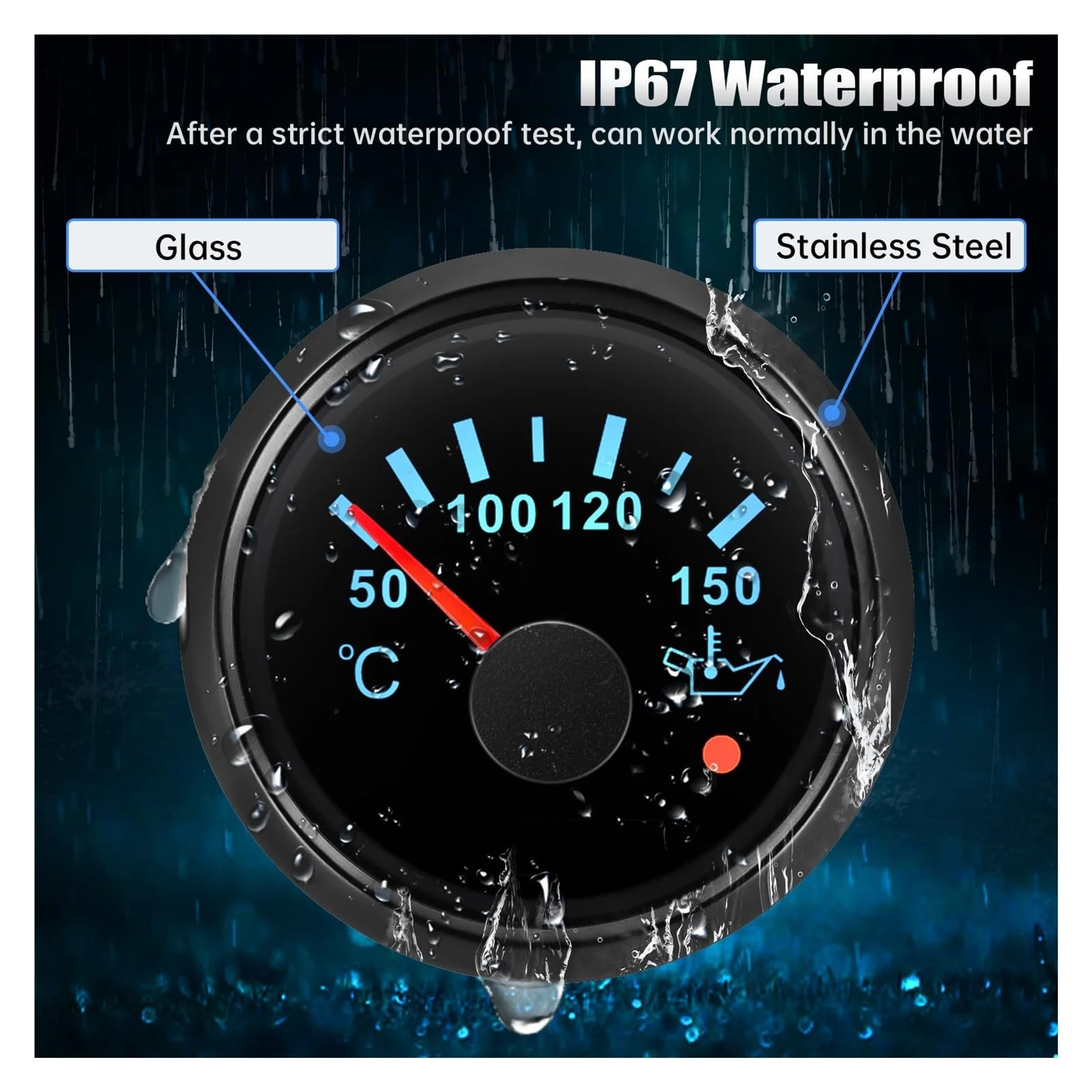 Wskaźnik temperatury oleju z 7 kolorami światła i migającym alarmem, miernik temperatury oleju LED 52 mm + czujnik 1/8NPT do łodzi samochodowej Wysoka widoczność(Black)