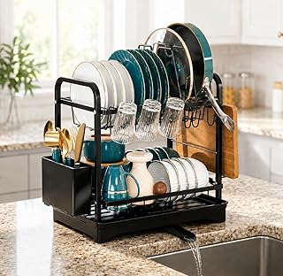 COMFYHOME Dish Drying Rack, 2-Tier Wrought Iron Space-Saving Kitchen Dish Drainer with Cup Holder, Drainboard & Utensil Ho Price In India