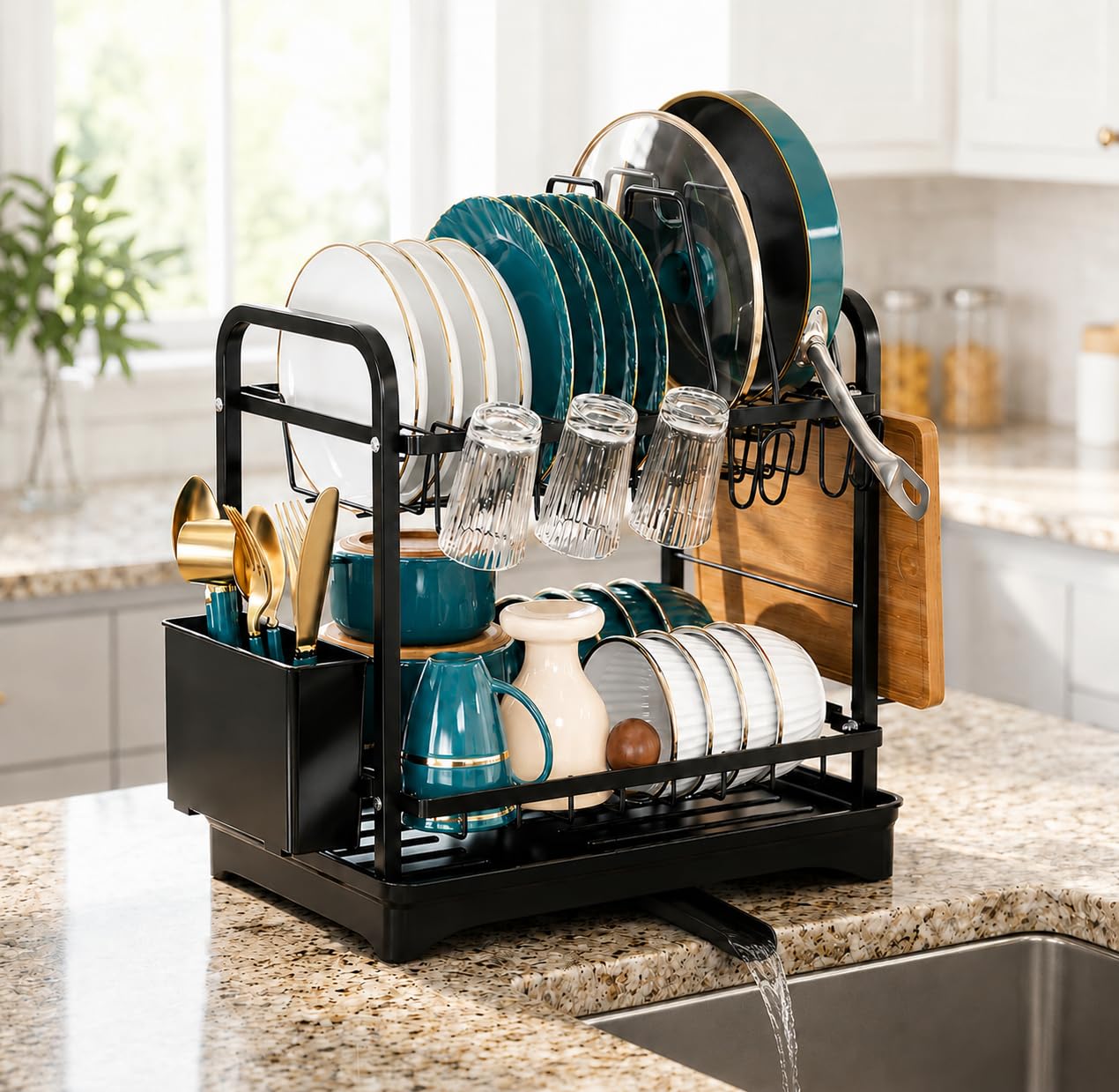 COMFYHOME Dish Drying Rack, 2-Tier Wrought Iron Space-Saving Kitchen Dish Drainer with Cup Holder, Drainboard & Utensil Holders, Rustproof Counter Organizer for Pots, Plates, Cups, Utensils, Bartan-image-29