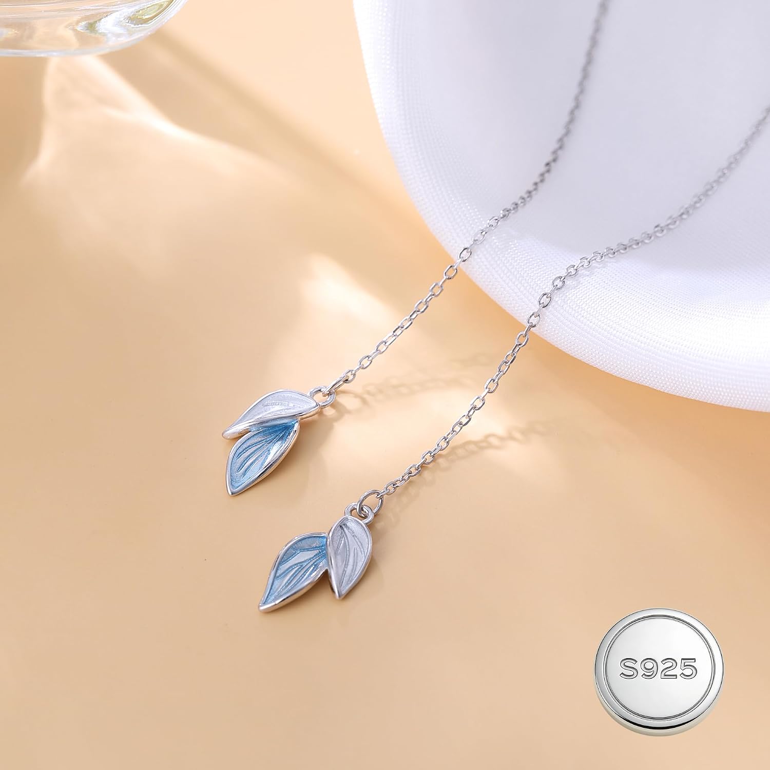 Reffeer Solid 925 Sterling Silver Leaf Chain Dangle Earrings for Women Teen Girls Leaf Dangle Drop Earrings Threader Tassel