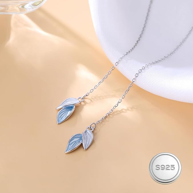 Reffeer Solid 925 Sterling Silver Leaf Chain Dangle Earrings for Women Teen Girls Leaf Dangle Drop Earrings Threader Tassel