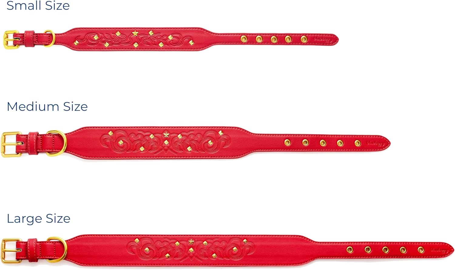 Blueberry Pet Premium Embossed Red Glam Silver-Powered Freshness Microfiber Leather Dog Collar with Gold Studs