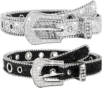 2Pcs Silver Belts, Diamante Belt and Rhinestone Cowboy Style, Western Belt, Studded Design with Silver Finish, Two Piece Set for Jeans and Casual Wear, Adjustable Fit for Various Sizes