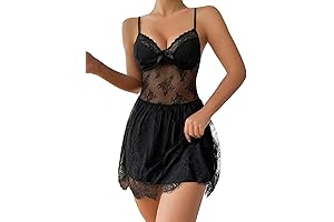 Women&#x27;s Black Lace Slip Dress- Contrast Lace Sleeveless Sexy Nightie