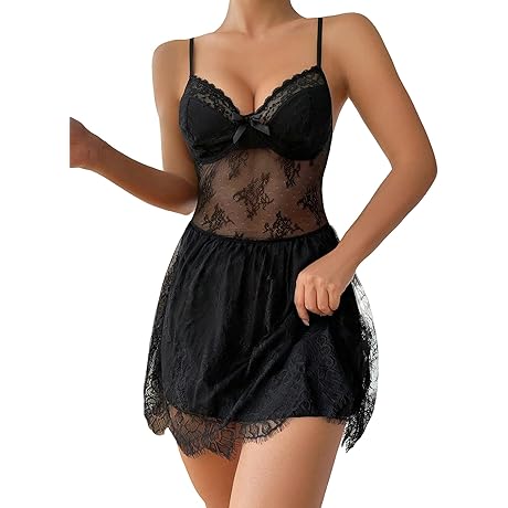 Women&#x27;s Black Lace Slip Dress- Contrast Lace Sleeveless Sexy Nightie