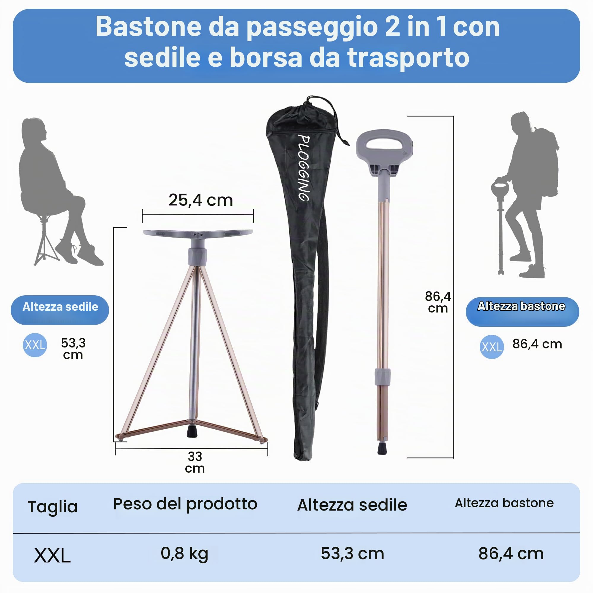 Sedia a canna portatile a pogging pieghevole, bastoncino a piedi leggero con sedile, bastone robusto del treppiede per uomini e donne con sacchetto da viaggio, canna da passeggio con sedile