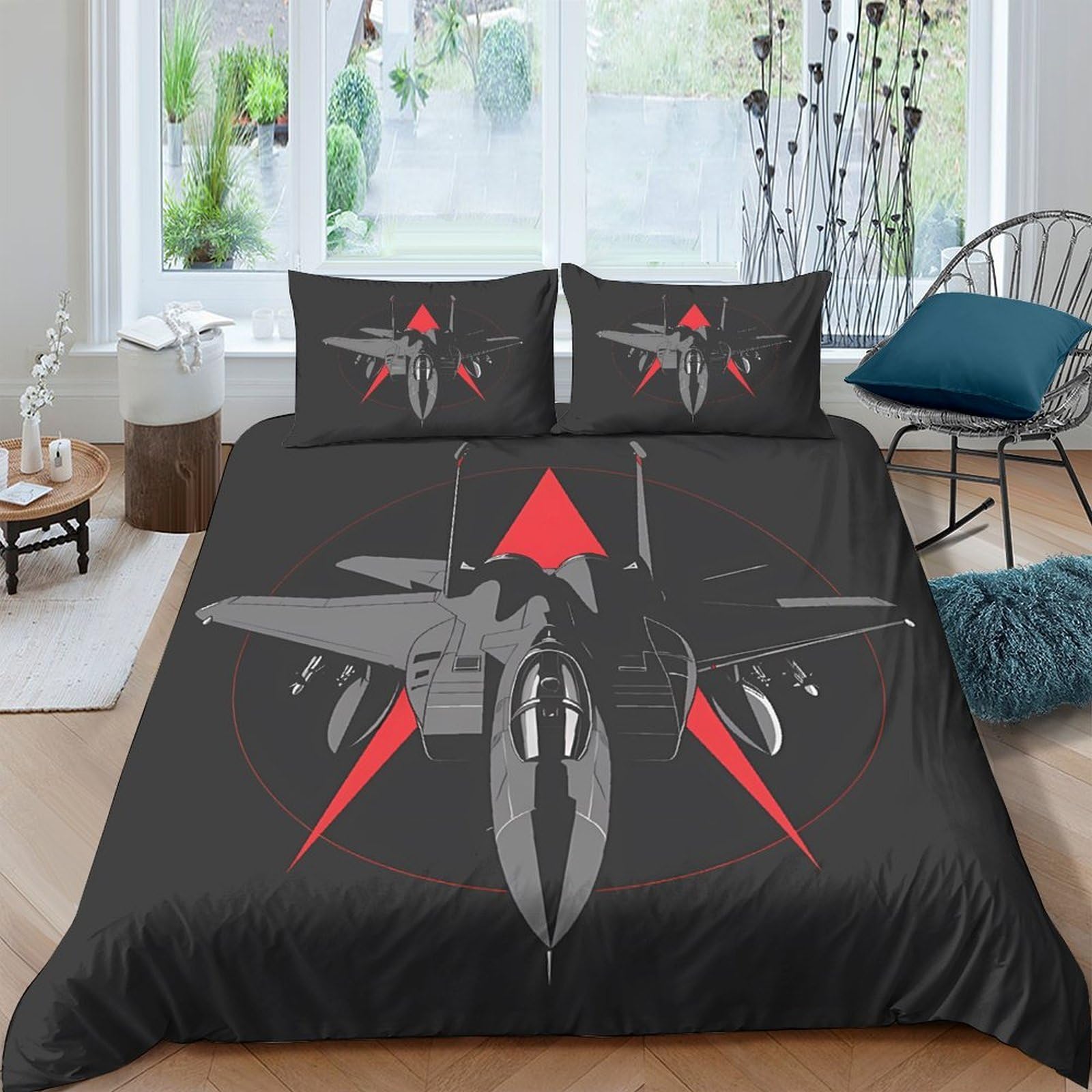 GPLZQXKJNH 3D Printed Fighter Jet Duvet Cover Microfiber Soft Breathable Aircraft Bedding Set with 2 Pillowcases for Bedroom Decor Single（135x200cm）