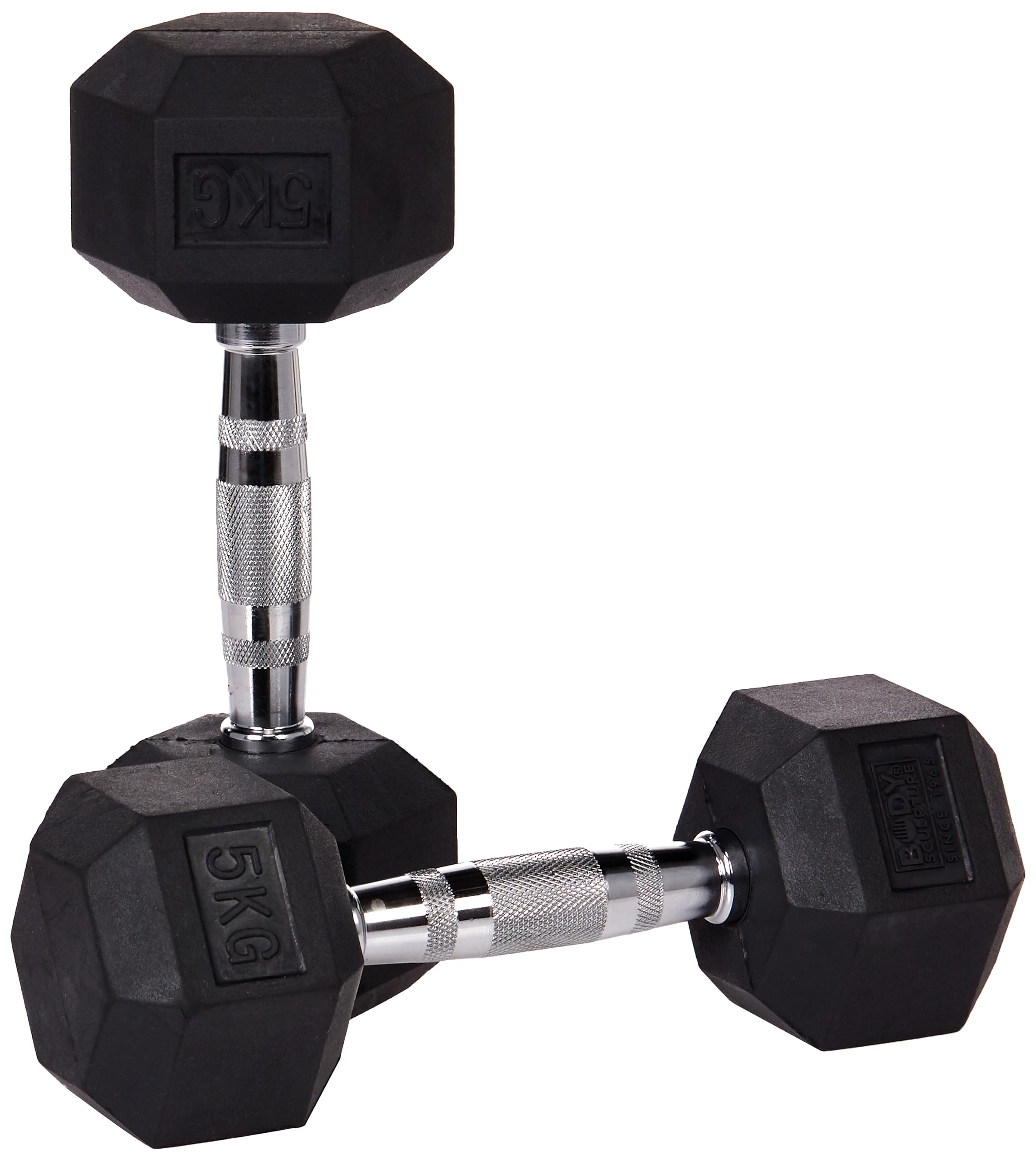 HEX RUBBER DUMBBELL W/CHROME HANDLE,PAIR, BLACK, 5KG X 2