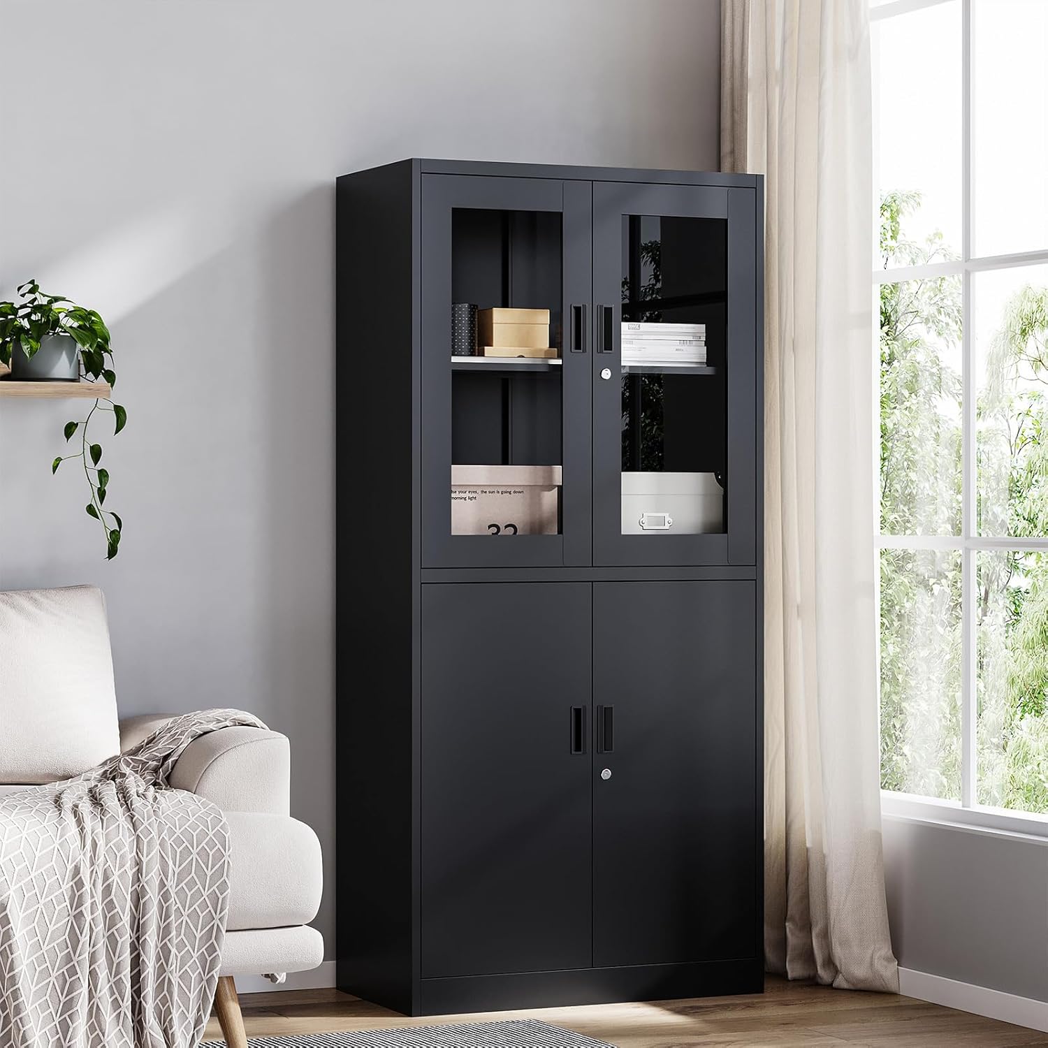 Yizosh Metal Storage Cabinet with Glass Doors - 71" Locking Display Cabinet with 2 Adjustable Shelves for Kitchen, Living Room,Dining Room (Black)