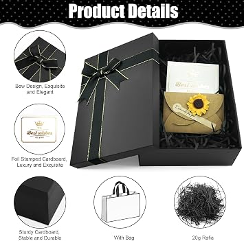 Black Gift Box with Lid 21.5x16x8cm Premium Present Box | High Hardness,Foldable, Includes Bags, Raffia, Cards, For Birthdays, Anniversaries, Christmas