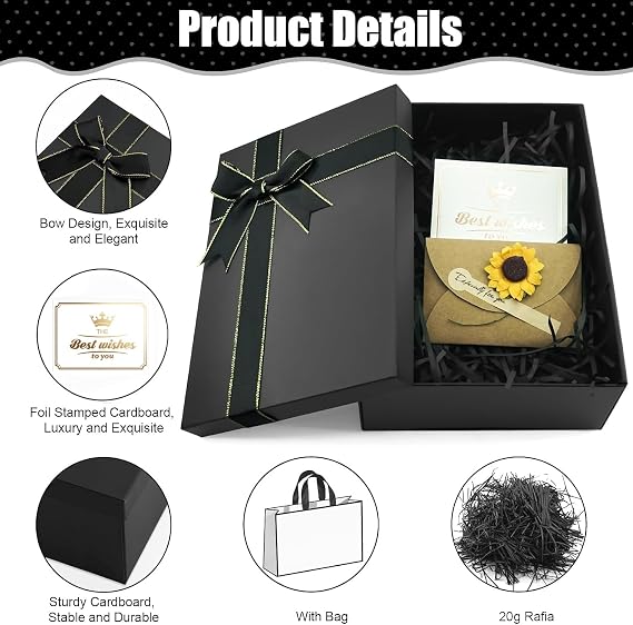 Black Gift Box with Lid 21.5x16x8cm Premium Present Box | High Hardness,Foldable, Includes Bags, Raffia, Cards, For Birthdays, Anniversaries, Christmas