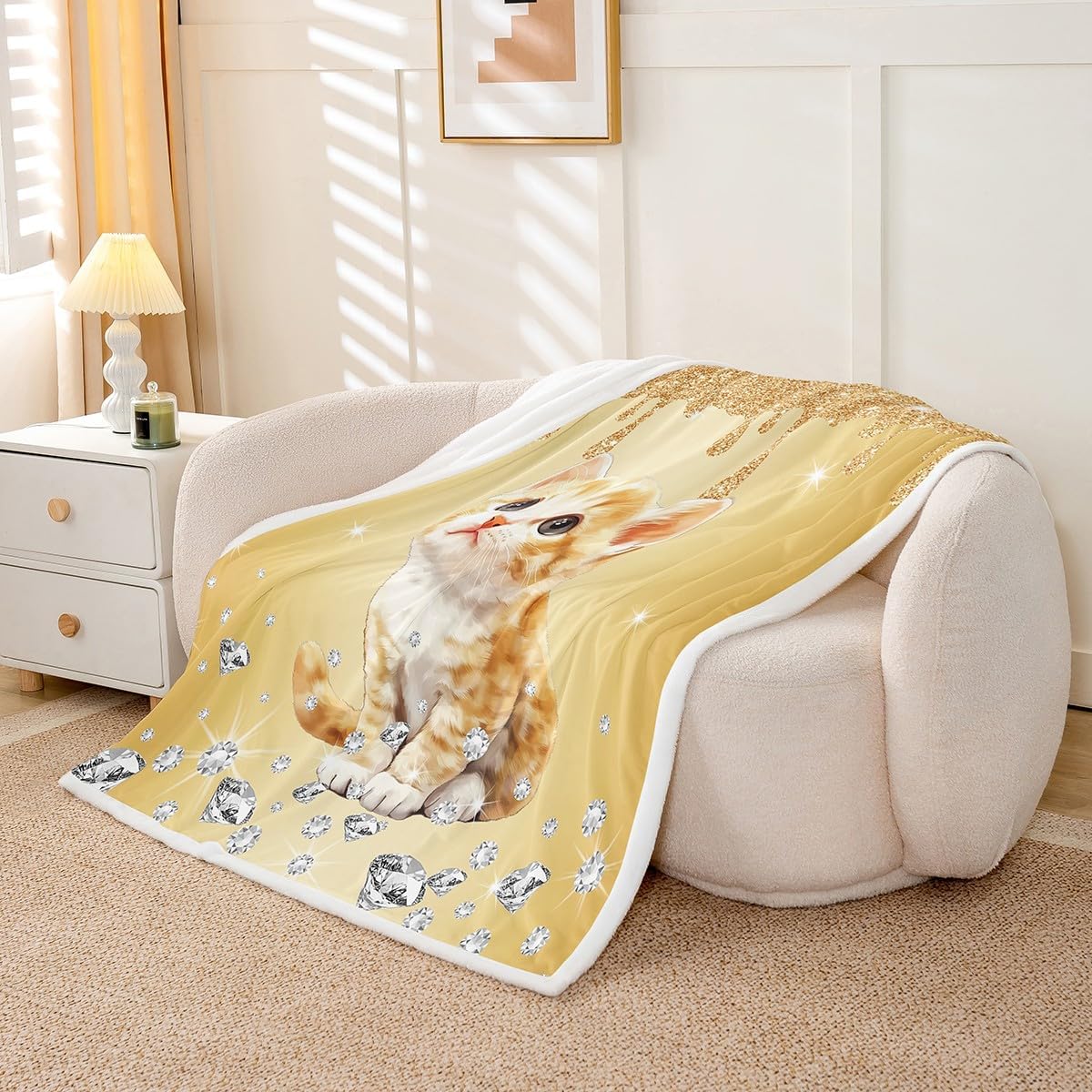 Castle Fairy Yellow Sequin Fluid Art Throw Blanket for Kids,Kawaii Kitten Pet Animals Fleece Throw Blanket for Bedroom Sofa Dorm Decor,Cat Lightweight Bed Blanket,40 x 50 Inches image 3