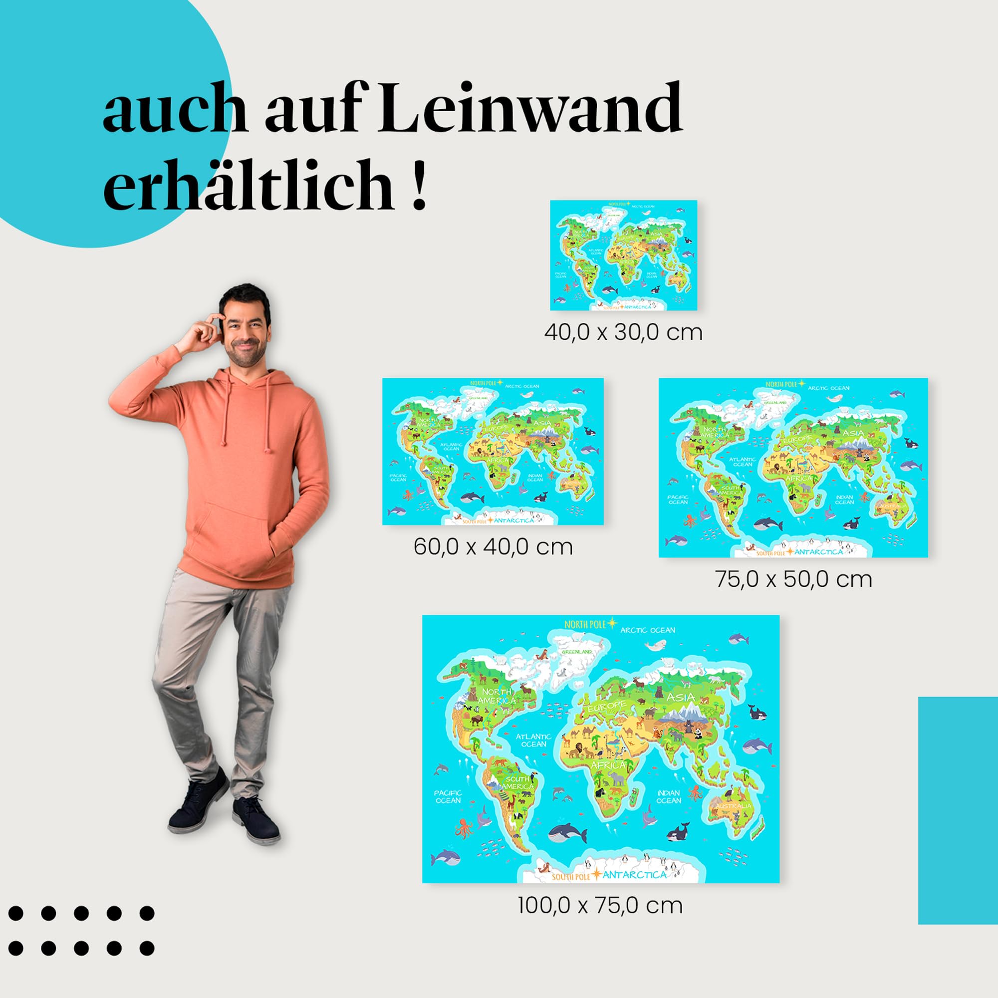 Postereck - 0863 - Weltkarte, Kinder Tiere Kontinente Lernen Schule - Unterricht Klassenzimmer Schule Wandposter Fotoposter Bilder Wandbild Wandbilder - Leinwand - 75,0 cm x 50,0 cm