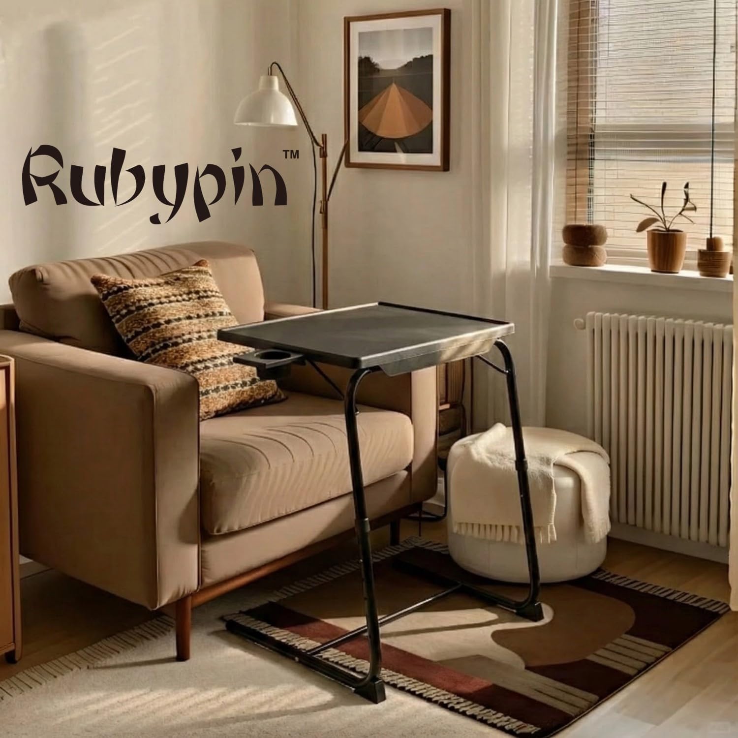 Rubypin Multifunctional TV Tray Table – Adjustable Dinner Folding Table for Bed & Sofa with Cup Holder, 6 Height Settings & 3 Tilt Angles (Black)