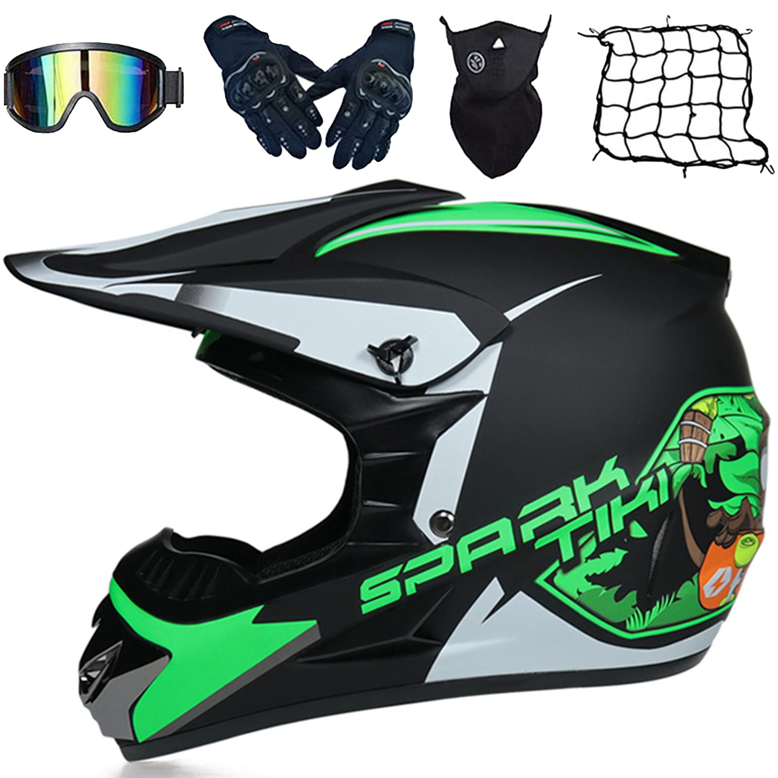 Casque Moto Cross Homme Set, Casque Motocross Intégral, Casque Moto Enfant avec avec Gants Lunettes Masques Filet de Casque, Casque Downhill pour BMX MTB Dirt Bike Quad Enduro ATV - ECE Homologué