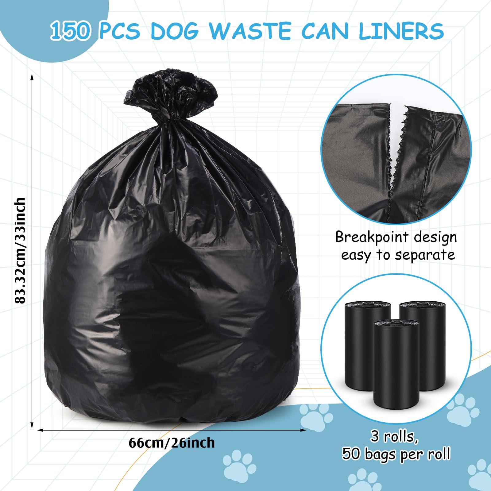 150 bolsas de basura para perros, 26 pulgadas de ancho x 33 pulgadas de largo, bolsa gruesa de alta resistencia (1.1 mil) para cachorros, mascotas al aire libre, caminar y viajar, 3 rollos de