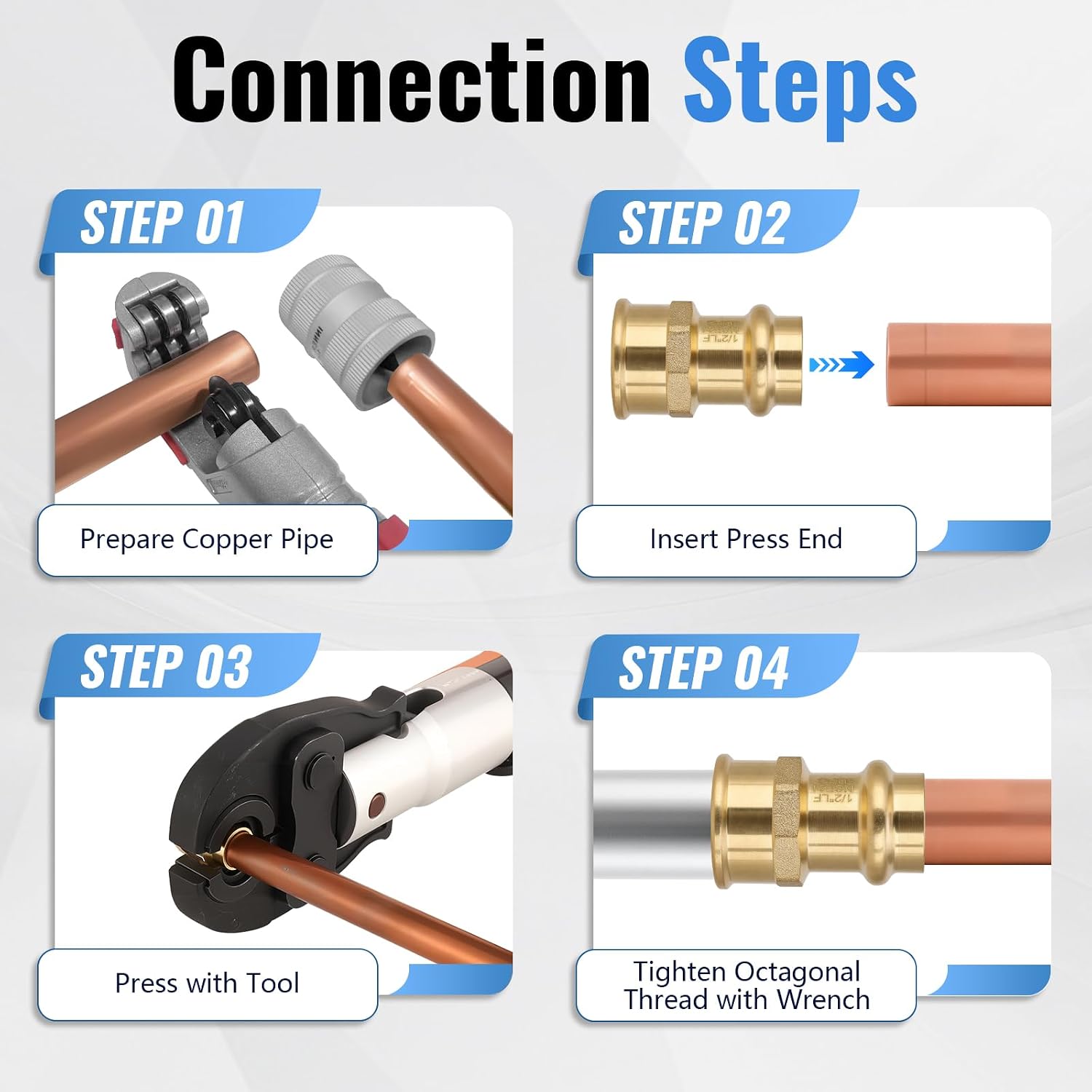 (10-Pack YVSKM) Press Fittings 1/2" Press × 1/2" Female NPT Adapter, Lead-Free Brass, for Copper Press Pipe to Threaded Plumbing Connections