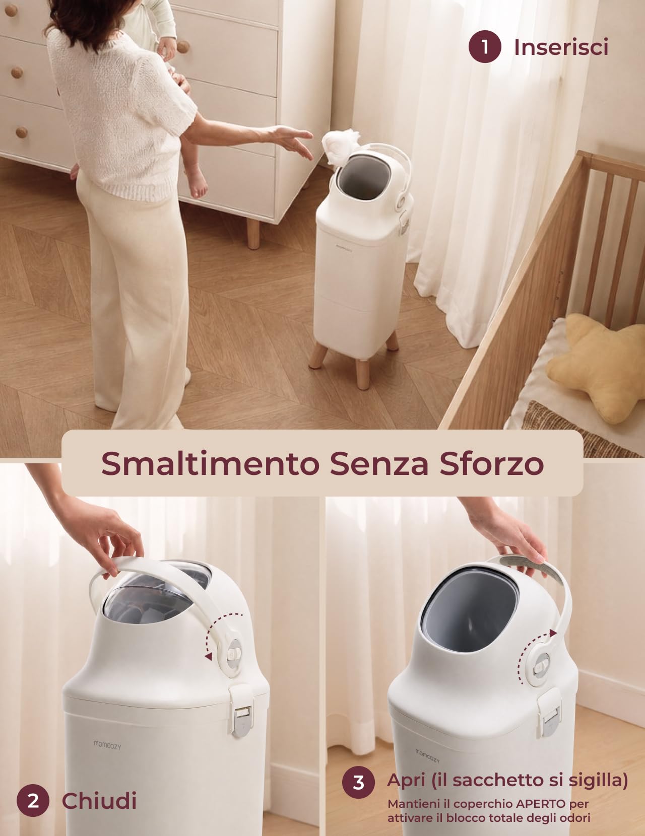 momcozy Mangiapannolini con Sistema Antiodore Brevettato a Tripla Sigillatura, Bidoncino Getta Pannolini ad Altezza Ergonomica, Finestra Visiva, Blocco Sicurezza, Usa Sacchetti Standard